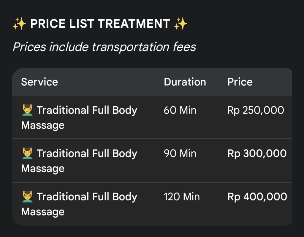 Price List Cantik SPA